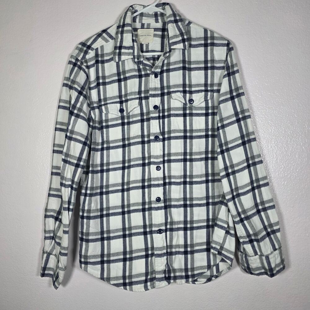 American Eagle Plaid Button Front Flannel Shirt White Gray Black Men's M